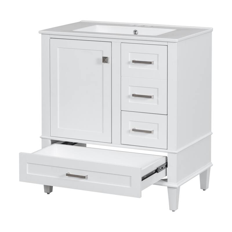 Anmytek 30 Inch White Modern Bathroom Vanity Sink Combo Solid Wood Frame Soft Close Door 3 Drawers Storage Cabinet