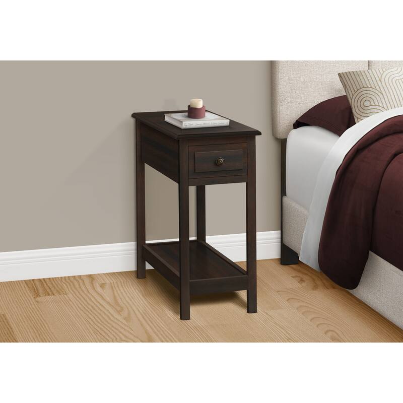 Transitional 2 Tier Accent Table with Storage Drawer, Narrow End/Side Table, Nightstand for Bedroom, Brown Veneer