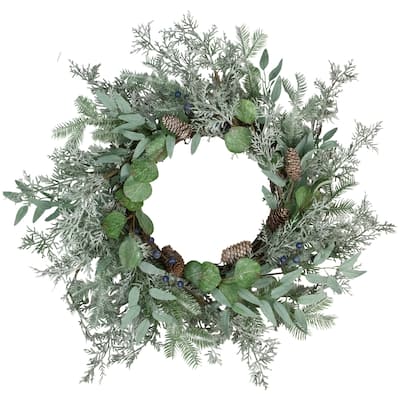 Frosted Green Mixed Foliage and Blueberries Artificial Christmas Wreath 26-Inch Unlit - 26"