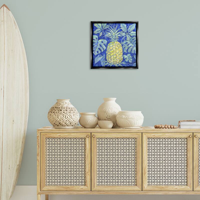 Stupell Tropical Pineapple on Blue Framed Floater Canvas Wall Art Design By Paul Brent