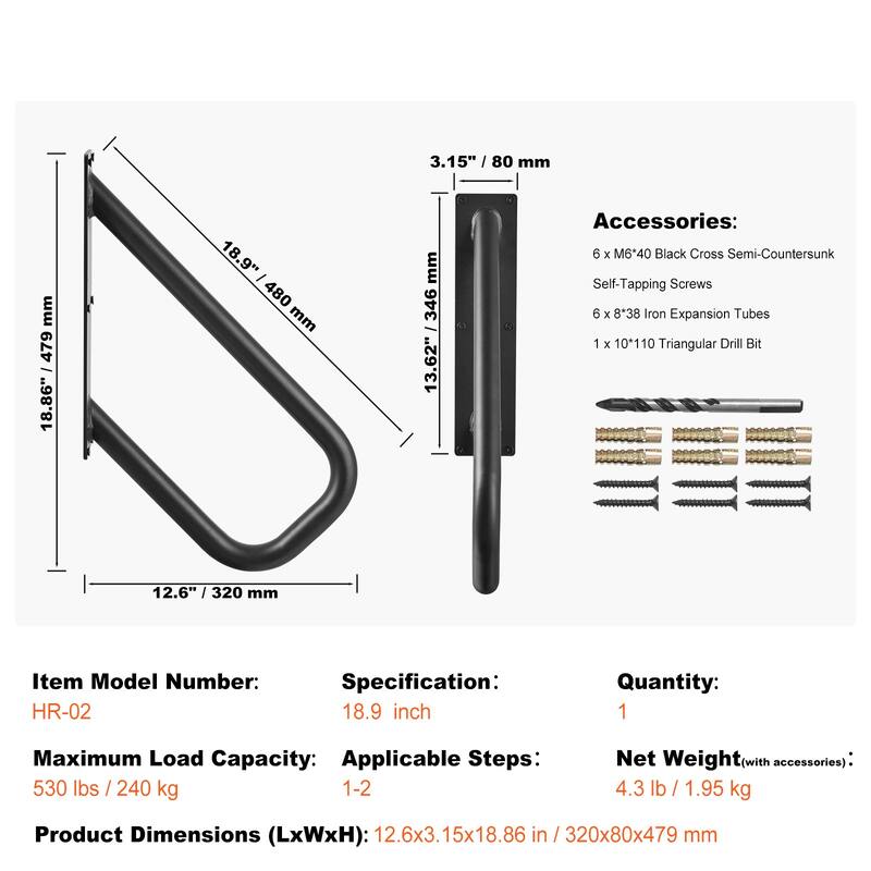 Handrails for Outdoor Steps, Wall Mount Safety Railings for 1-3 Steps, Stair Handrail with Matte Black Finished,for Garden,Yard