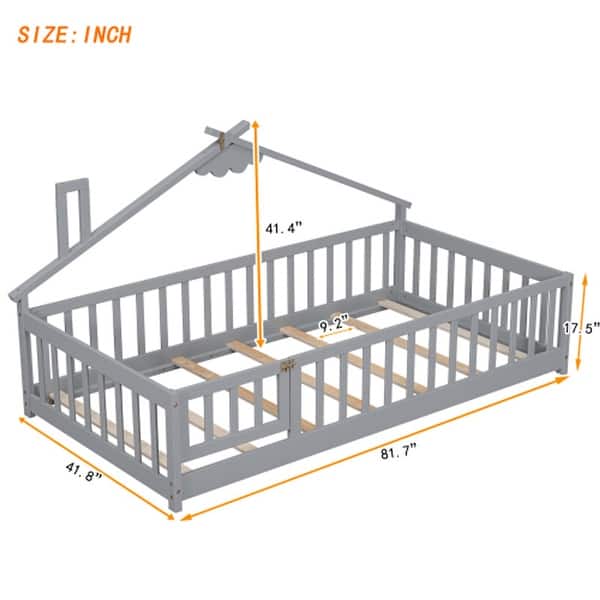 dimension image slide 4 of 5, Wooden Montessori Floor Bed with Guardrails, House-Shaped Floor Bed, Wood Slat Support