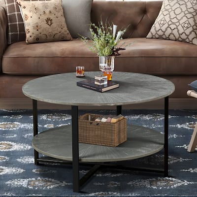 Round Coffee Table With 2-Tier Storage, Farmhouse Cocktail Table with Metal Leg