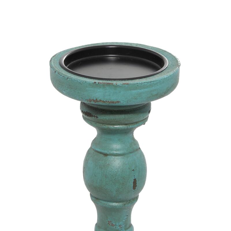 Teal Wooden Distressed Turned Decorative Candle Holder (Set of 3)