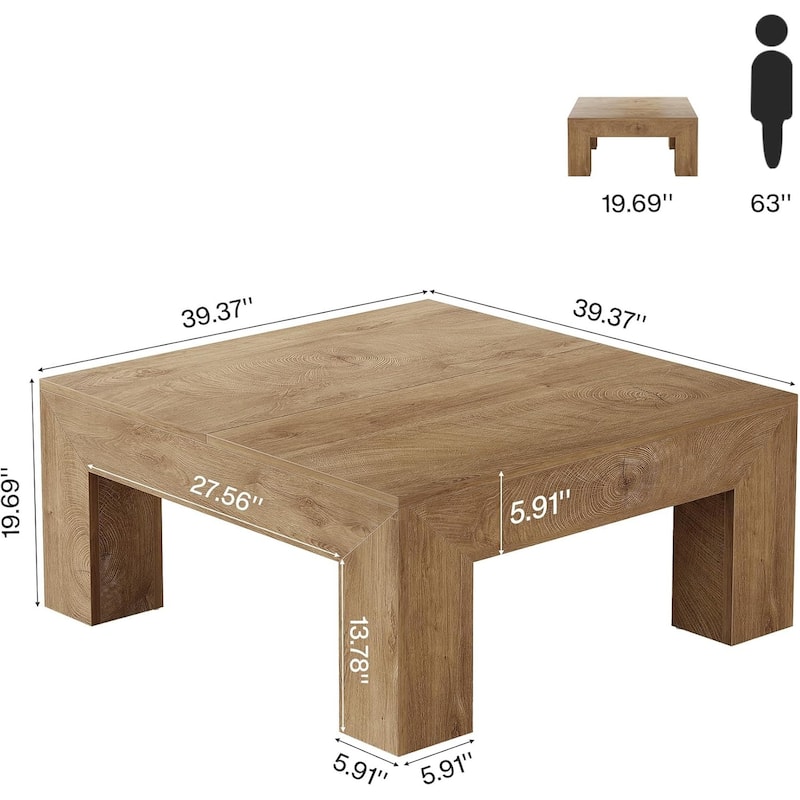 39.4-Inch Square Coffee Table for Living Room, Farmhouse All Wooden Center Table