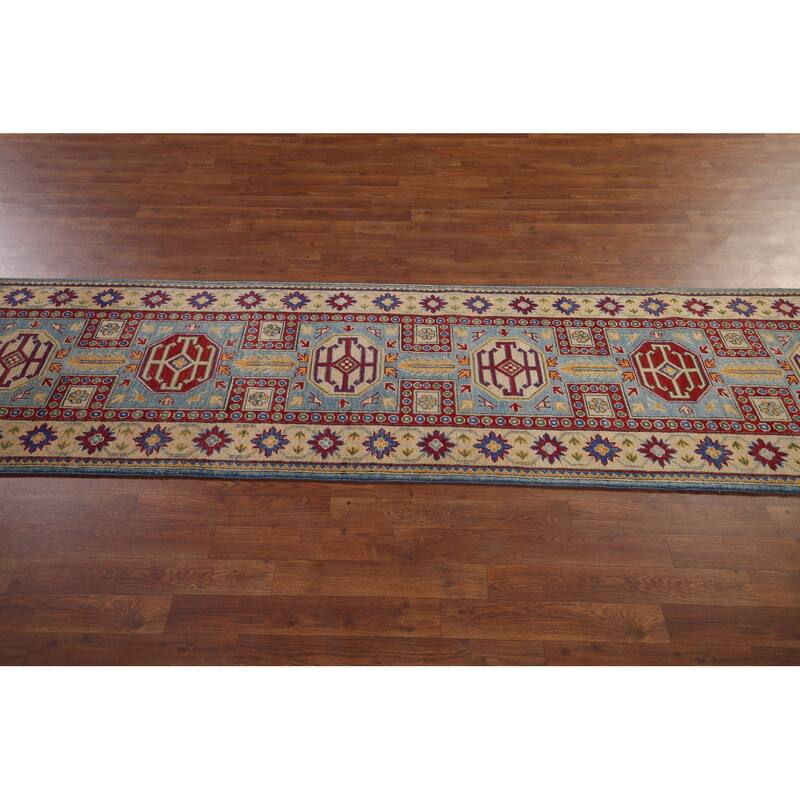 Light Blue Geometric Kazak Runner Rug Hand-Knotted Wool Carpet - 2'7" x 20'8"