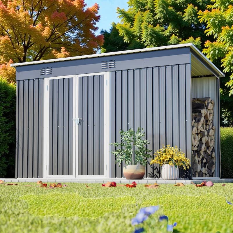 10'x4' Outdoor Steel Storage Shed with Lockable Door and Floor Frame, Metal Tool Shed Grey - Grey