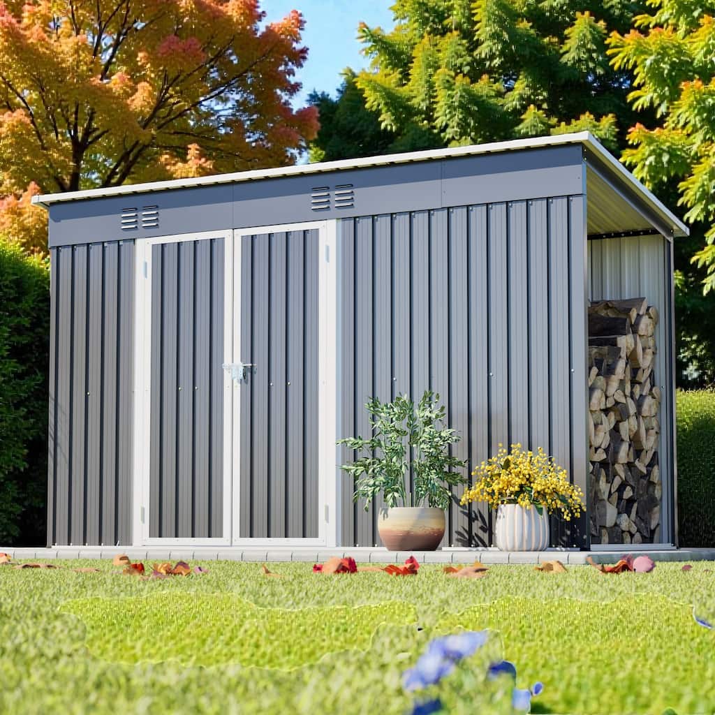 10'x4' Outdoor Steel Storage Shed with Lockable Door and Floor Frame, Metal Tool Shed Grey