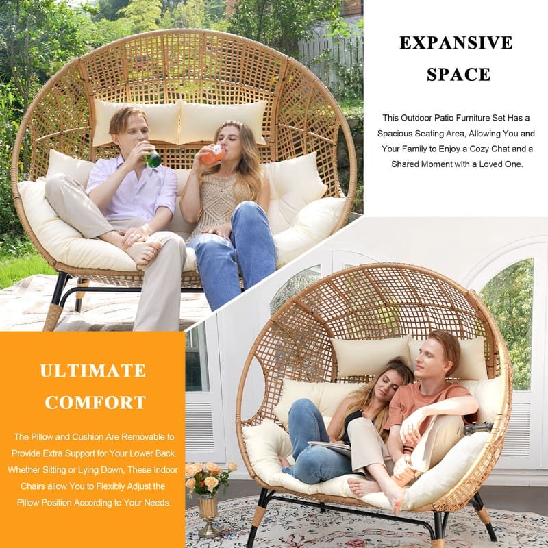 7-Piece Outdoor Boho Patio Furniture Set with Double Egg Chair, Wicker Sectional Conversation Set with Coffee Tables and Cushio