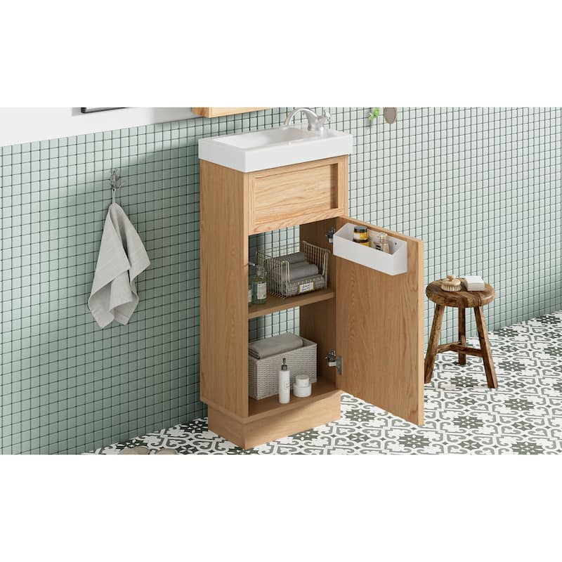 Roomfitters 15.75" Bathroom Vanity with Resin Sink, Adjustable Shelf, Push-to-Open Reversible Door, Wood