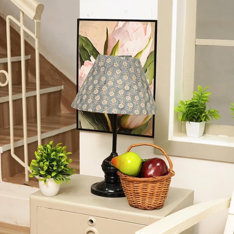 Fabdivine Artisan Handmade Tulsi Buti Floral Blue Block Print Pure Linen Lampshade for Home Decor, Bedside & Living Room