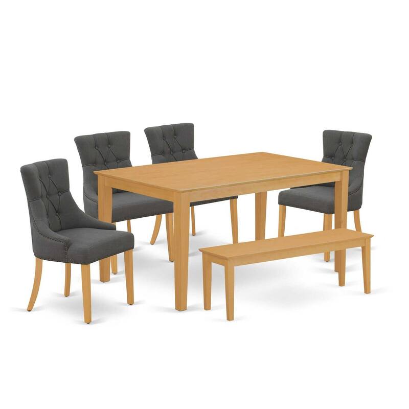 HomeStock 6-Piece Rectangle Natural Oak Finish Solid Wood Top Dining Table with 1 Bench, 4 Chairs with Lattice Back