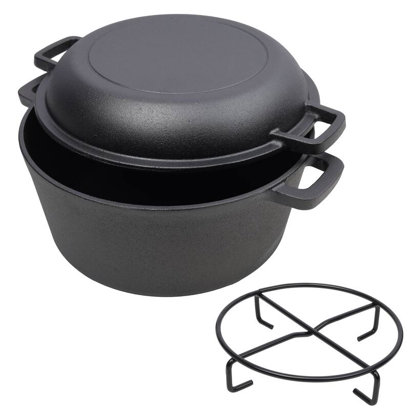 5QT Outdoor Camping Deep Pot with Skillet Lid, 2-in-1 Pre-Seasoned Cast Iron Dutch Oven with Iron Pot Rack