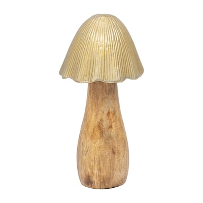 Sagebrook Home's Gold Metal Topped Mushroom - Mango Wood & Aluminum, Artistic 8" Figurine for Home Decor - 4" x 4" x 8"