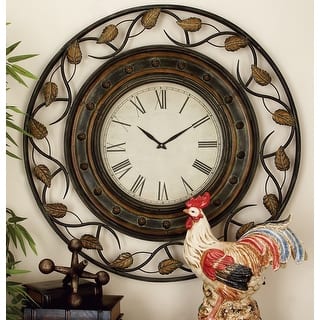 Brown Metal Medallion Leaf Decorative Wall Clock with Scrolled Vines and Floral Accents