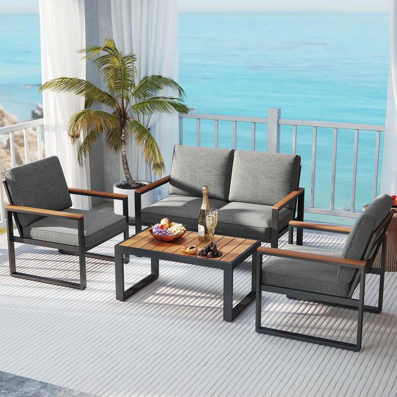Costway 4 PCS Patio Aluminum Furniture Set Wood-Plastic Armrests & - See Details