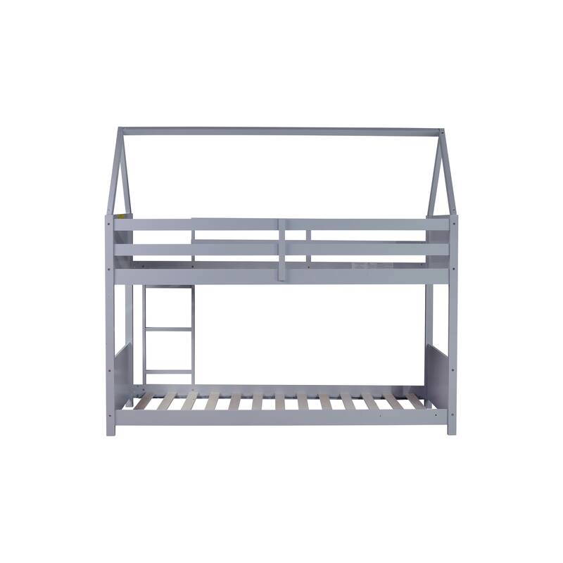 Twin over Twin House Floor Bunk Bed, Wooden House Shaped Bed Frame, Rubber Wood Twin Size Bunk Bed with Safety Guardrails