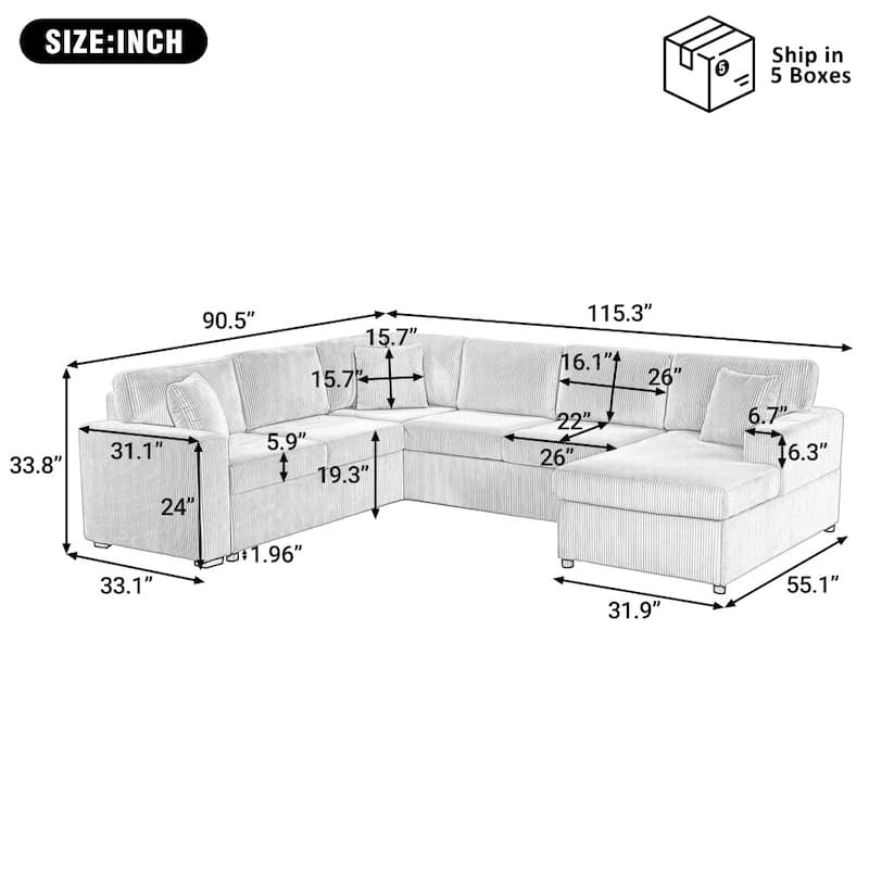 115.3" Oversized Corduroy U-shaped Sectional Sofa with Chaise Lounge and Three Soft Throw Pillows