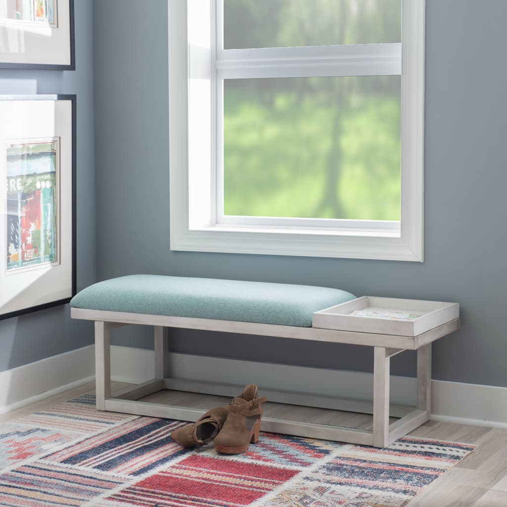 Upholstered Cushioned Bench with Storage Tray - 52" - White and Aqua Blue