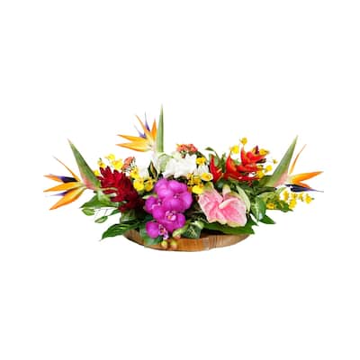 Tropical Artifical Flower Arrangement in Teak Wood Plate - Orange