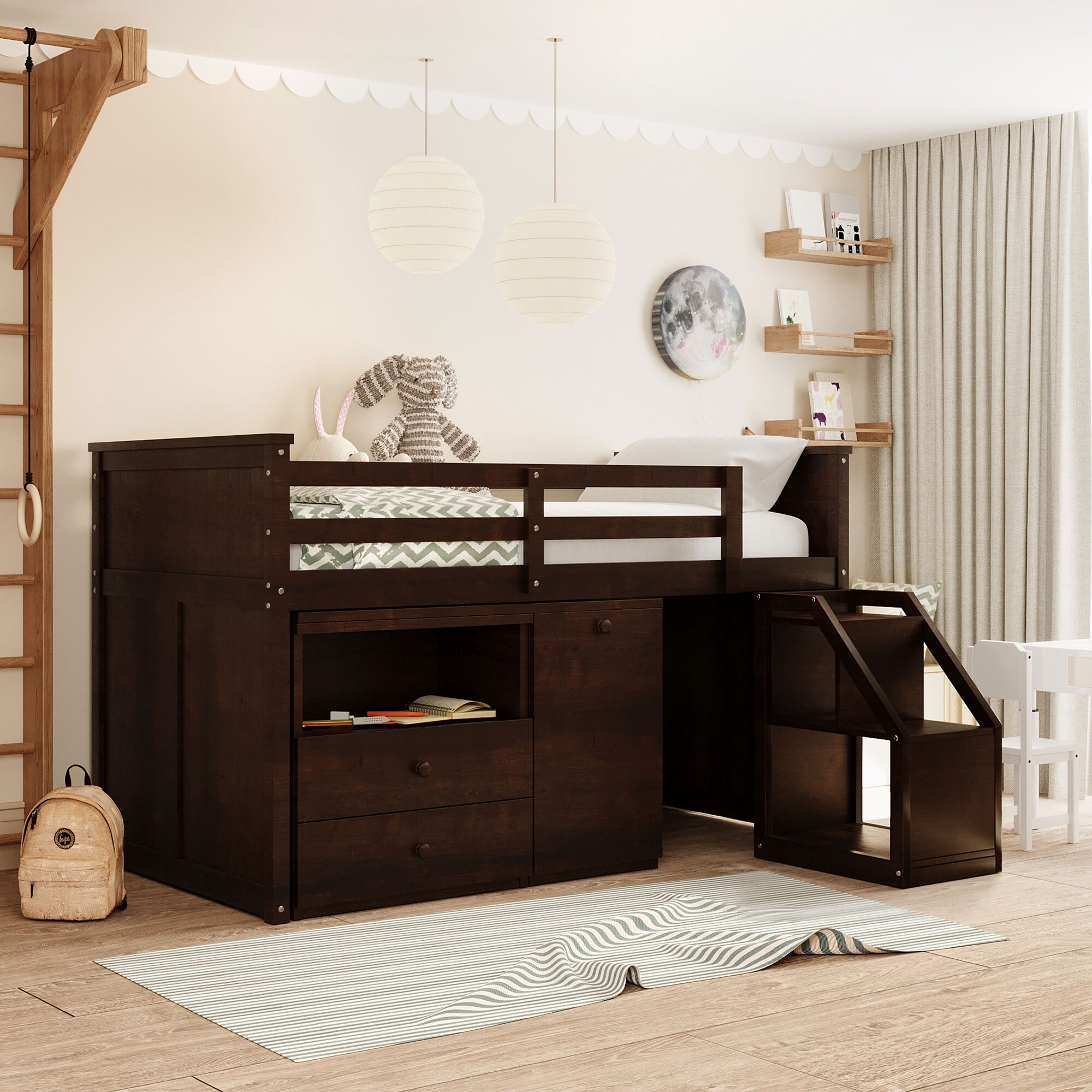 Low Study Twin Size Loft Bed With Storage Steps Portable Desk Full Length Guardrail Bed Bath Beyond 35251023
