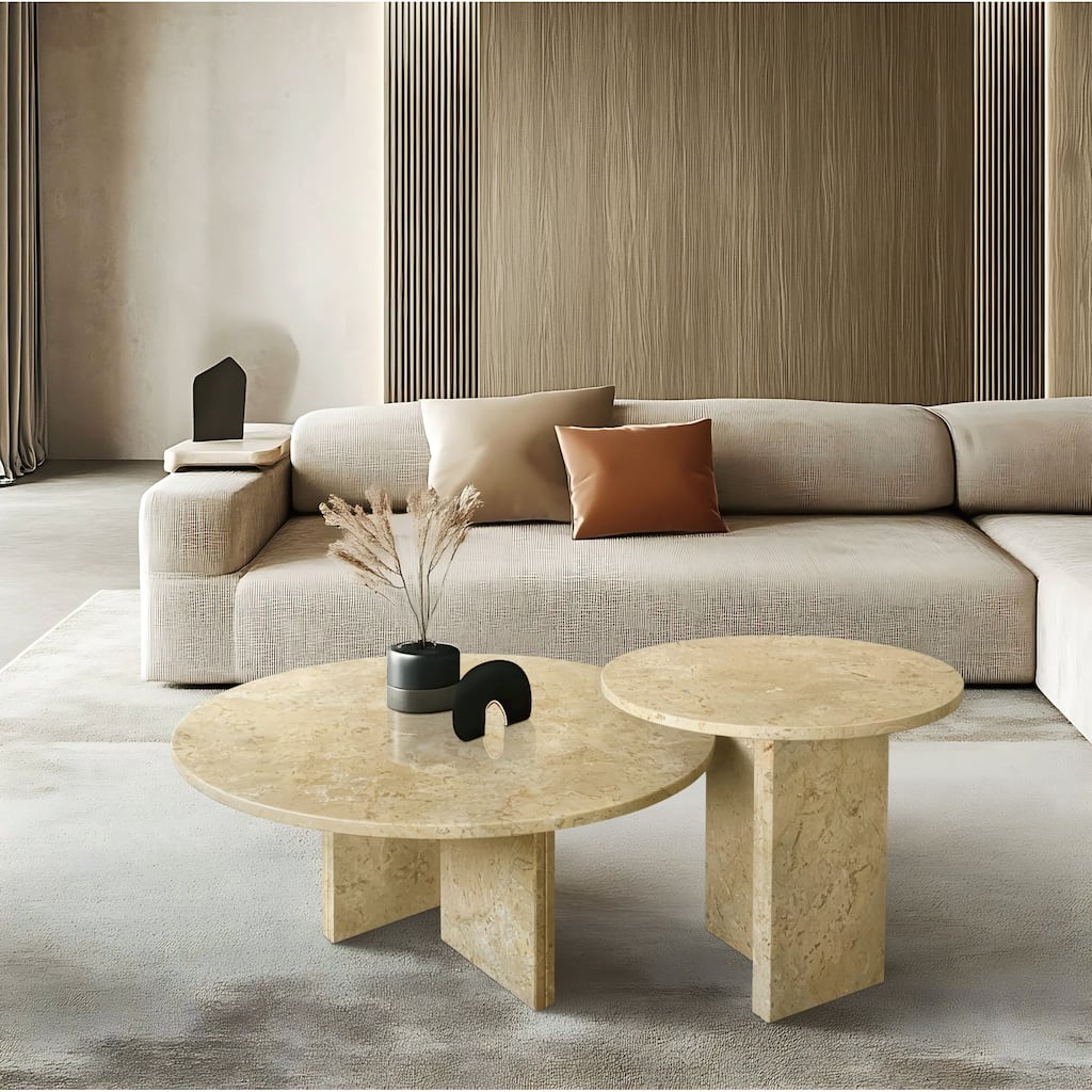 Roomfitters Marble Coffee Table Set, Round Living Room Tables, Solid Stone Modern Accent Table Set, Genuine Marble