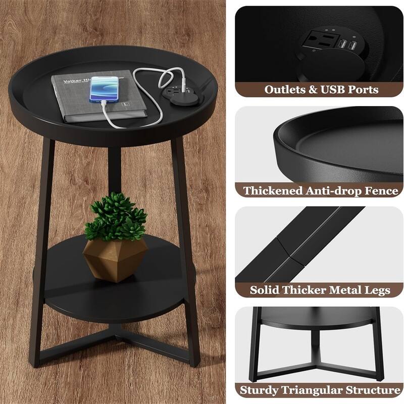 End Table with Charging Station - 15.7"D x 15.7"W x 23.6"H