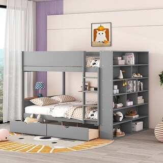 Full over Full Size Bunk Bed with Stairs and Guardrail, Storage Captains Bed with Pull-out Drawers and Bookcase Cabinet Frame