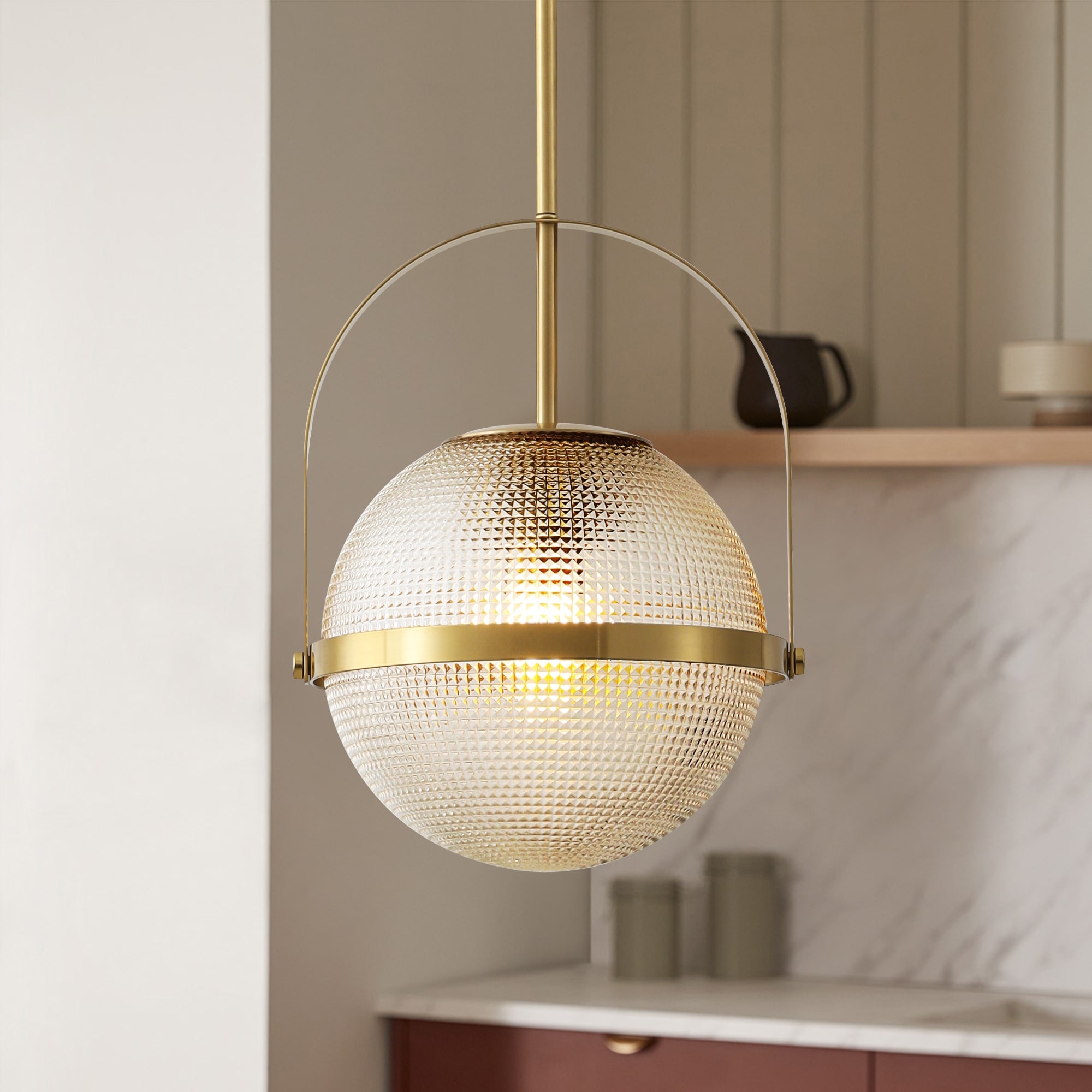 1-Light Mid-Century Modern Brass Pendant Light with Clear Grid Glass Globe Shade - 11.2 in. W × 14.2 in. H x 11.2 in. D