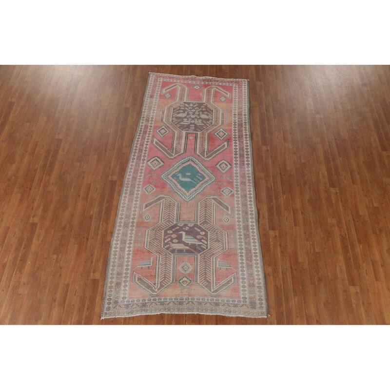 Geometric Ardebil Persian Vintage Runner Rug Hand-Knotted Wool Carpet - 4'4" x 9'6"