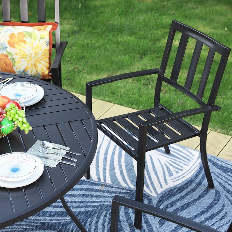 MAISON ARTS 7 Pieces Outdoor Dining Set for 6, Large Round Dining Table with Umbrella Hole & Stackable Metal Chairs