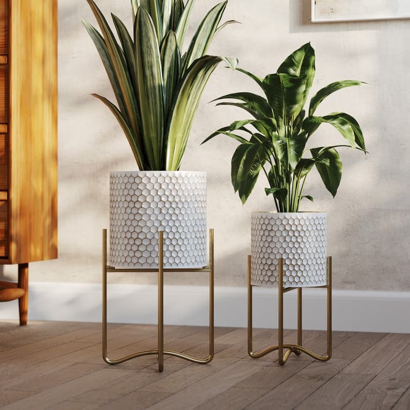 Honeycomb White & Gold Indoor Metal Pot Planter With Ambrose Gold Metal Base Set - 16.25"H x 9.25"W x 9.25"D