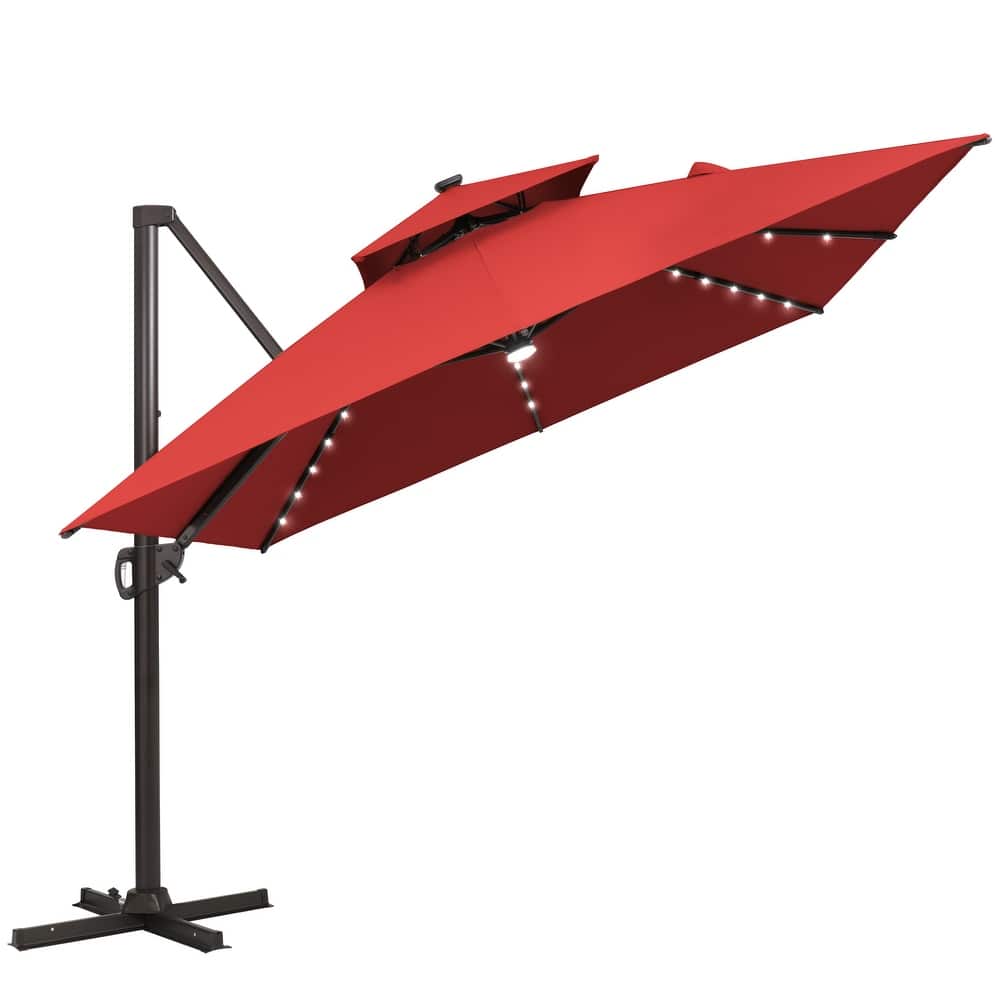 Solar LED Light 9 x 11FT Aluminum Outdoor Cantilever Patio Daul Top Umbrella without Base