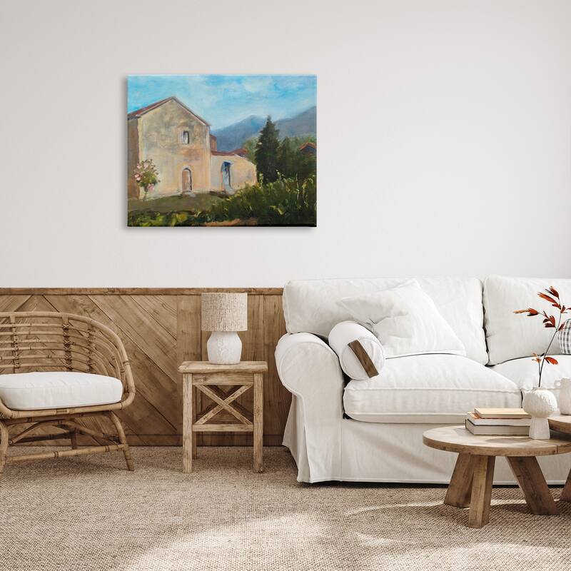 Stupell Traditional Vineyard Villa Landscape Tall Trees Mountain Range Canvas Wall Art - Green