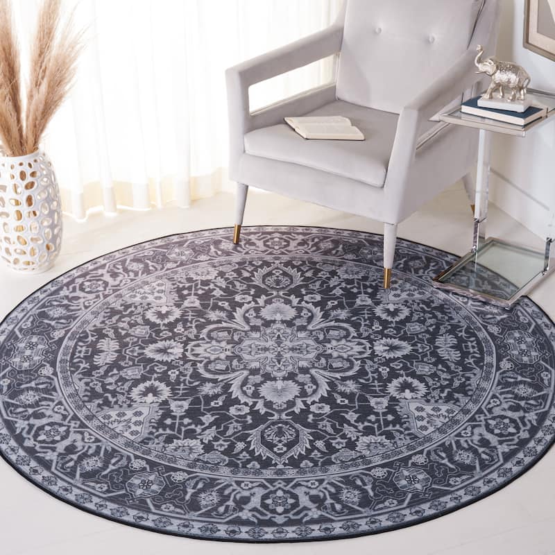 SAFAVIEH Tucson Machine Washable Slip Resistant Emmie Traditional Rug - 4' Round - Black/Beige