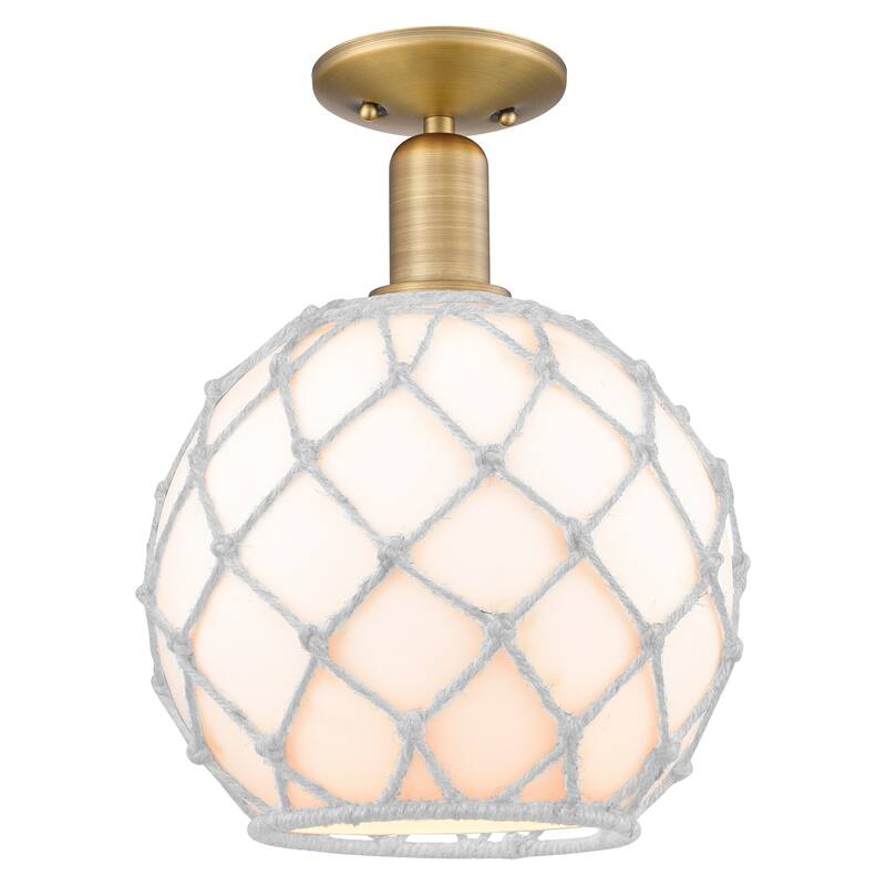 Innovations Lighting 716-1C-14-10 Farmhouse Rope Semi-Flush Farmhouse - Brushed Brass / White Glass with White Rope