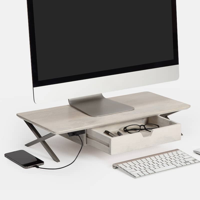 Jani Wood Monitor Stand Riser Desk - Ergonomic Design Stand, Desktop Organizer Table for Home, Office Workspace, Gaming Desk - Off-White