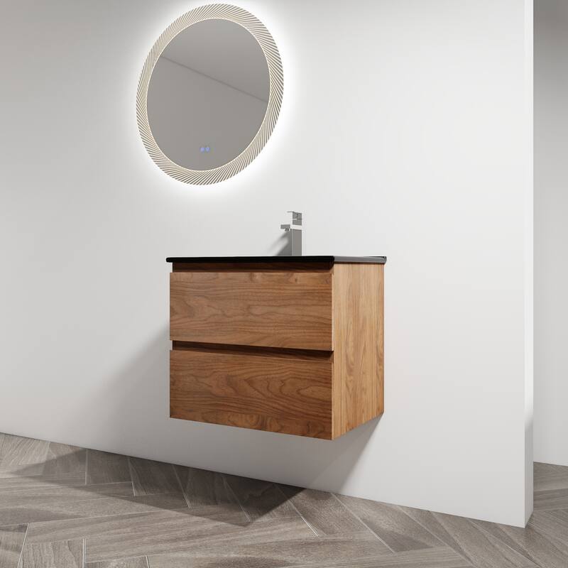 Modern 24" Floating Bathroom Vanity with Black Ceramic Basin, Soft-Close Drawers, Water-Resistant Melamine Surface