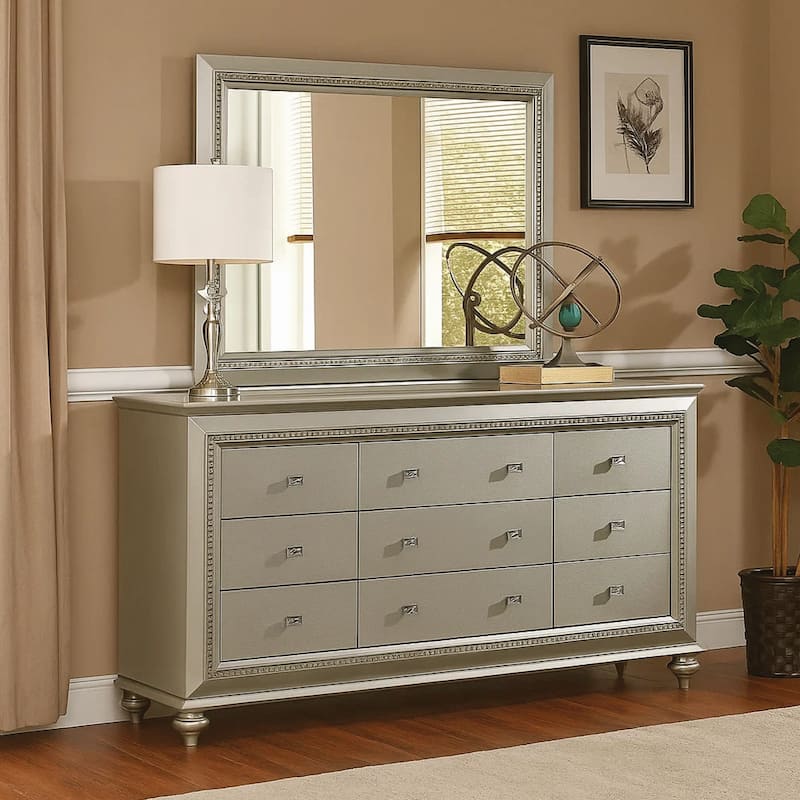9 Drawer Spacious Desser with Mirror Beveled Pulls and Bun Feet, Silver