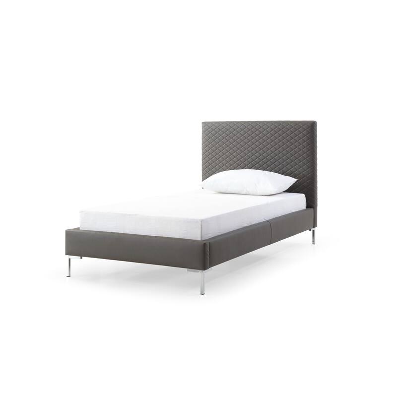 Twin Bed Frame Upholstered Dark Gray Faux Leather Chrome Legs Modern Bedroom Furniture