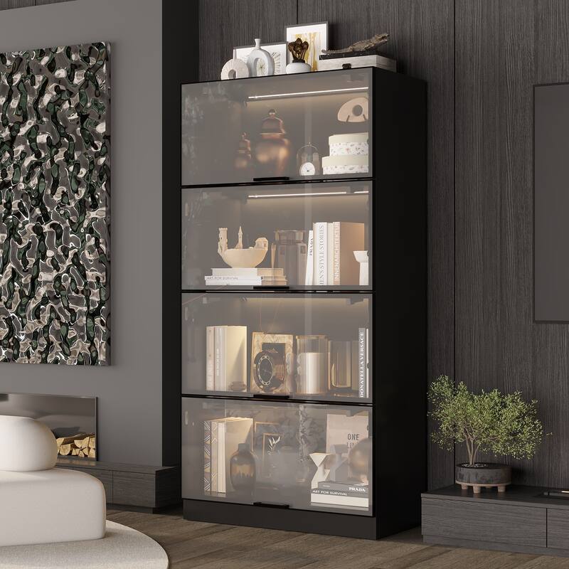63"H 4-Tier Tall Bookshelf Bookcase with Glass Doors and LED Light