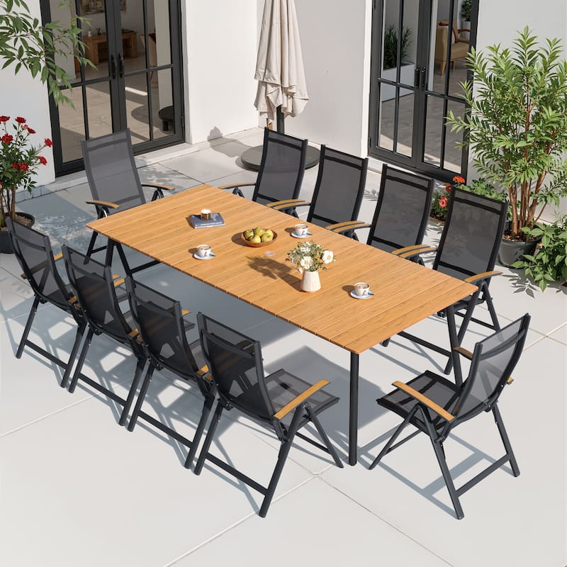 11-Piece Outdoor Aluminum Dining Table and Foldable Adjustable Dining Chairs Set - Brown table with black chairs
