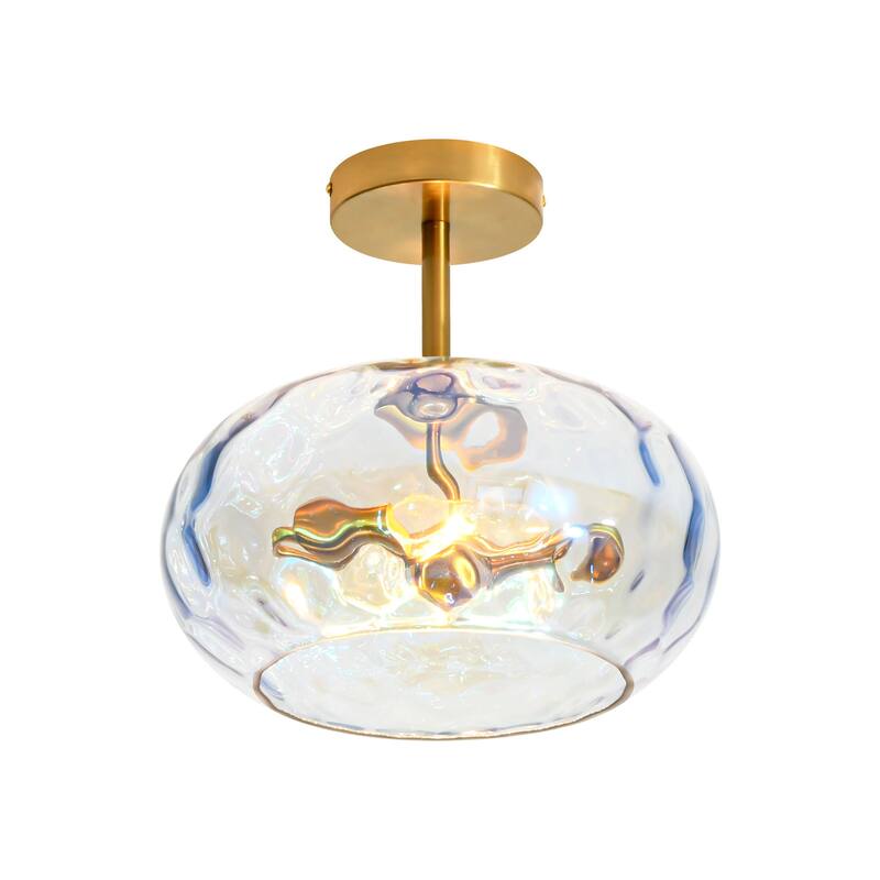 11.8" 2-Light Luxury Gold Semi-Flush Mount Ceiling Light with Hammered Glass Shade for Hallway, Bedroom