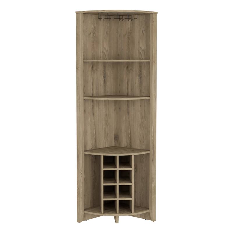Modern Corner Bar Cabinet with 8 Wine Storage Racks, 3 Shelves, and Side Storage Shelves