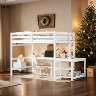 Full Loft Bed with Built-in Desk, Ladder Platform, Guardrails, White