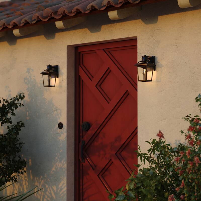 VAXCEL Hanover Park Black Motion Sensor Dusk to Dawn Outdoor Wall Sconce Light Fixture Clear Glass Shade, LED Compatible