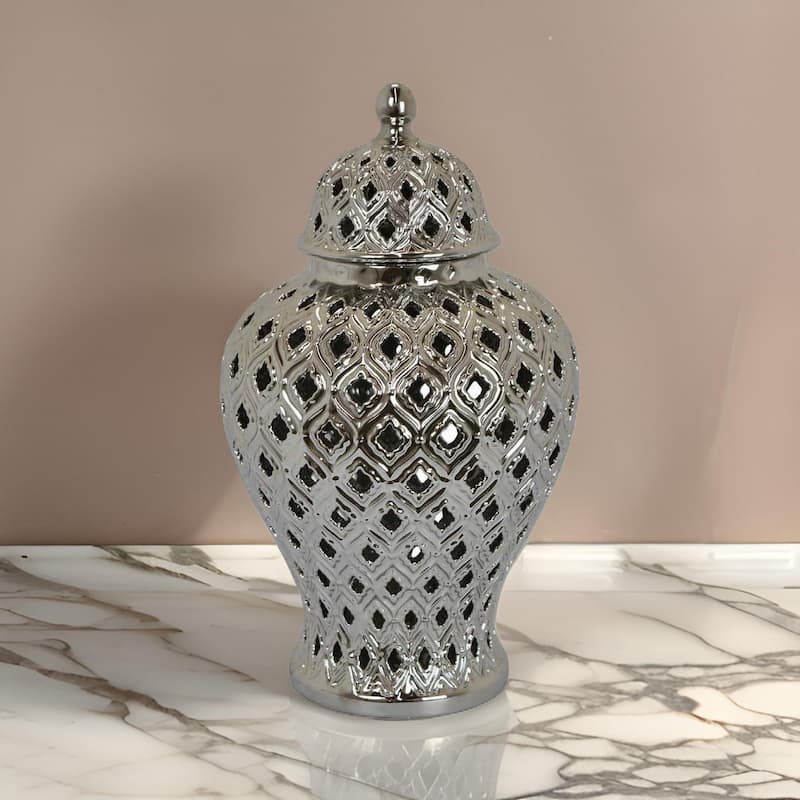 Deni 18 Inch Temple Jar Pierced Carved Lattice Design Lid Silver