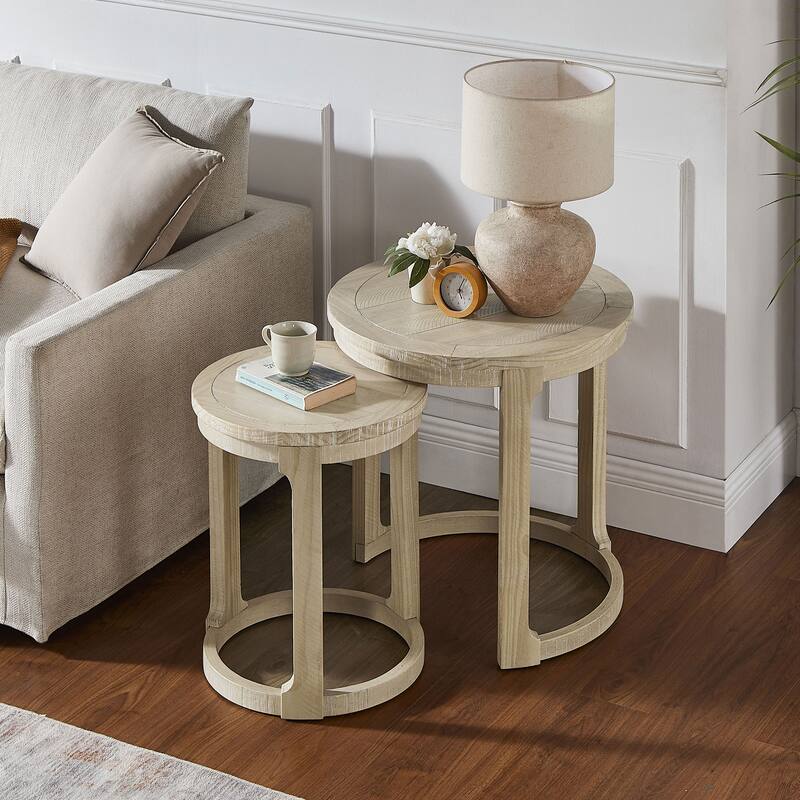 GDF Studio - Mid-Century Solid Wood 2-Piece Round Side Table Set with Curved Design