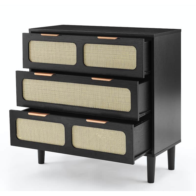 Modern Rattan Dresser Farmhouse Wooden Storage Cabinet with 3 Wide Drawers and Metal Handles, for Room Living Room Hallway