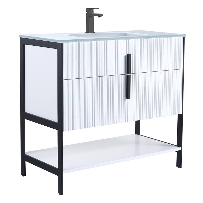 Fine Fixtures Serenity Modern Bathroom Vanity with White Glass Top - White Matte - Black Hardware - 36 inch